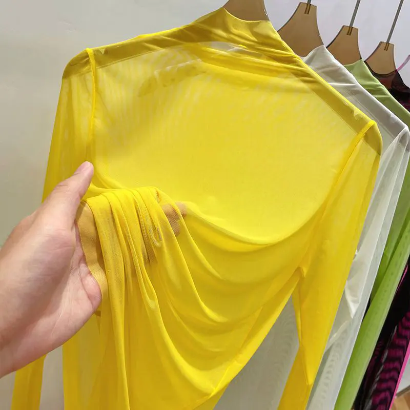 Transparent Gauze Bottoming T-shirt Women Clothing Summer Long Sleeved T-shirt with Gauze Shirt Half High Collar Sunscreen 2024
