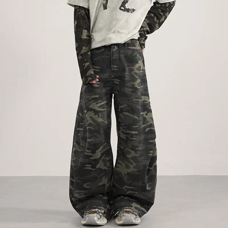 IEFB Trendy New Men's Trousers Camouflage Patchwork Autumn Curved Knife Pants American All-match Wide Leg Male Bottom 9W4163