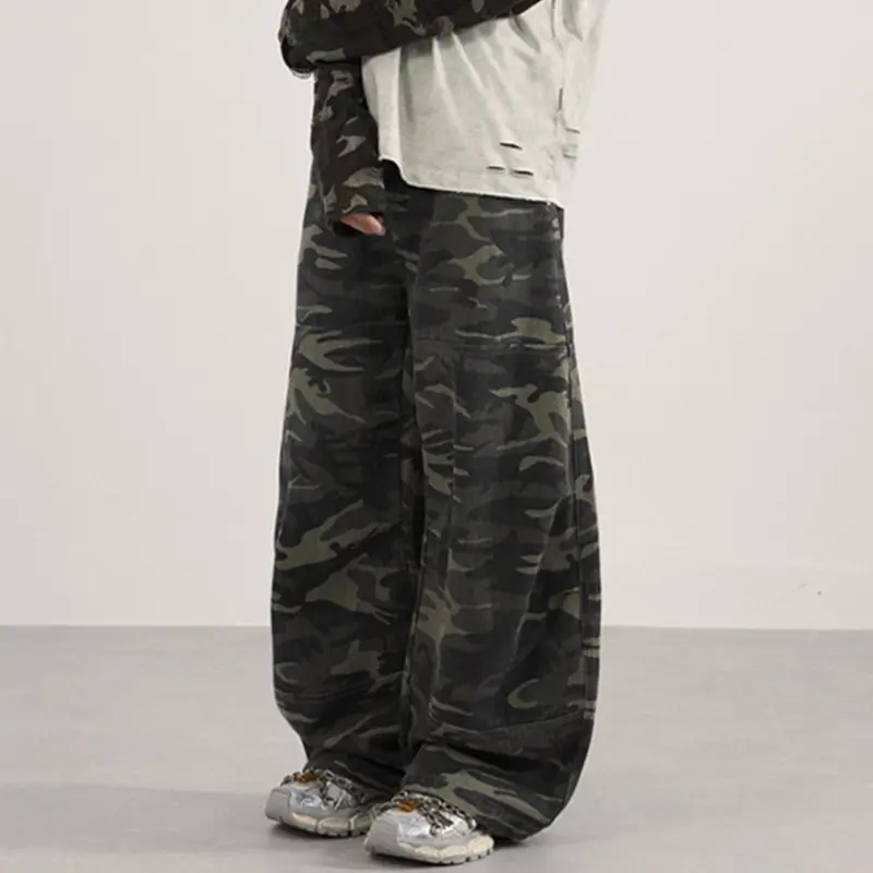 IEFB Trendy New Men's Trousers Camouflage Patchwork Autumn Curved Knife Pants American All-match Wide Leg Male Bottom 9W4163