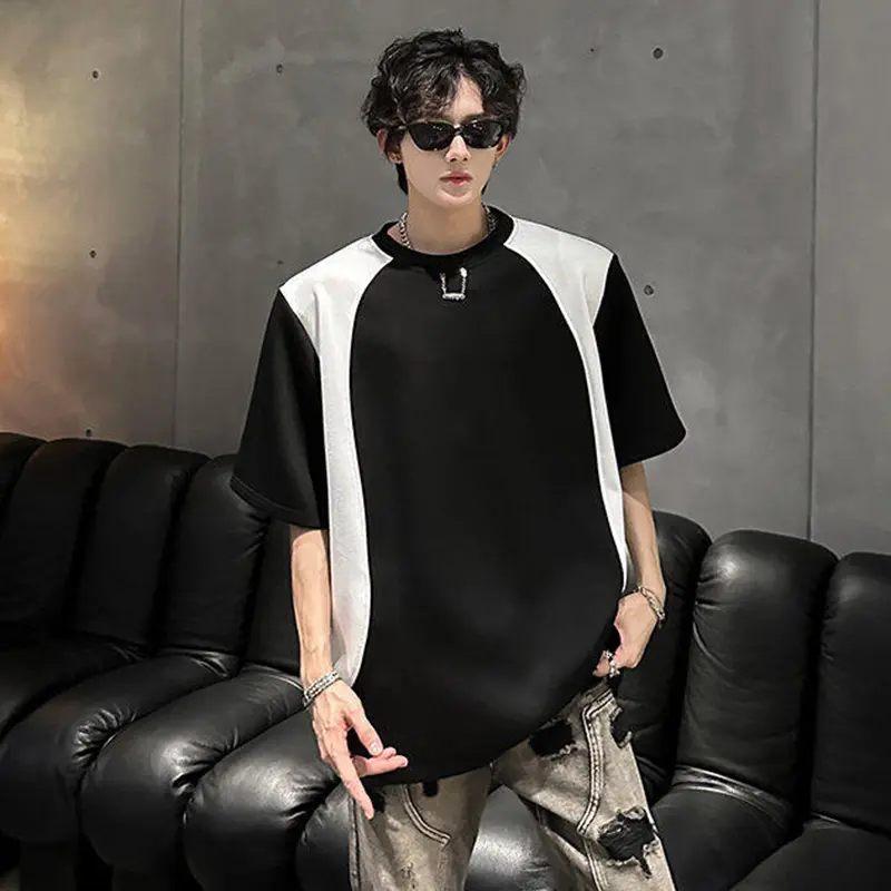 IEFB Chain Decoration T-shirts Men's Contrast Color Patchwork Short Sleeved Tees Shoulder Pads Round Neck Summer Male Tops W3351