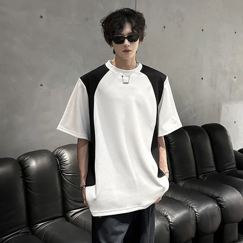 IEFB Chain Decoration T-shirts Men's Contrast Color Patchwork Short Sleeved Tees Shoulder Pads Round Neck Summer Male Tops W3351