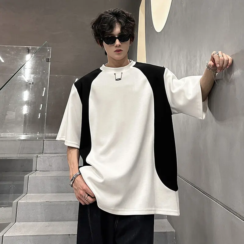 IEFB Chain Decoration T-shirts Men's Contrast Color Patchwork Short Sleeved Tees Shoulder Pads Round Neck Summer Male Tops W3351