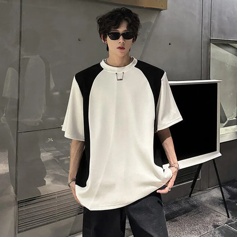 IEFB Chain Decoration T-shirts Men's Contrast Color Patchwork Short Sleeved Tees Shoulder Pads Round Neck Summer Male Tops W3351