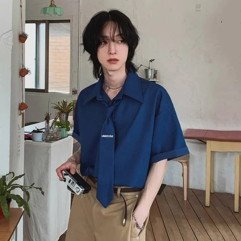 IEFB Korean Style Men's Shirts Turn-down Collar Solid Color Letter Tie Decoration Short Sleeved Single Breasted Male Tops 9W3657