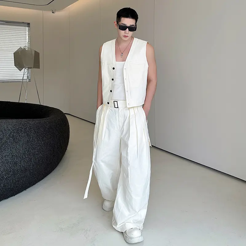 IEFB Men's Two-piece Solid Color Single Breasted Vest Niche Design Straight Wide Leg Multi Pockets Trendy Male Clothing 9W2217