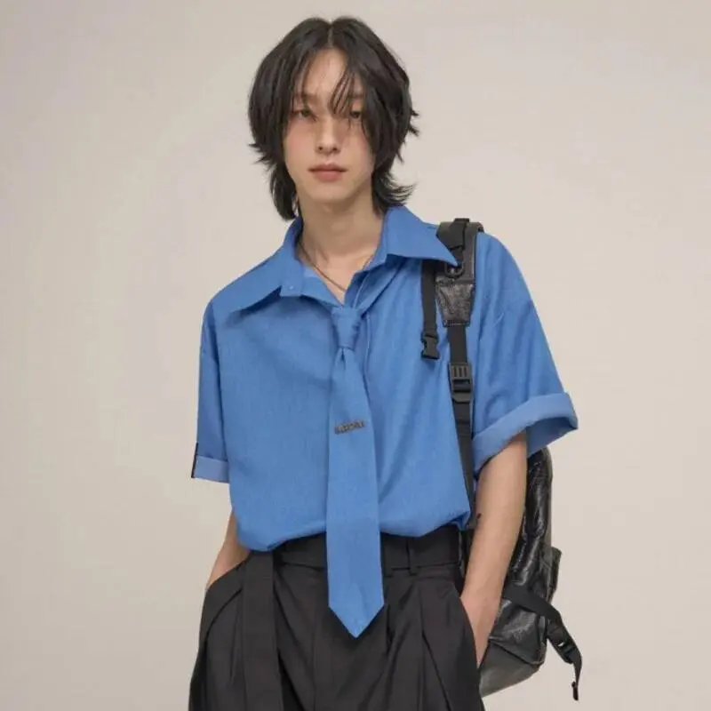 IEFB Korean Style Men's Shirts Turn-down Collar Solid Color Letter Tie Decoration Short Sleeved Single Breasted Male Tops 9W3657