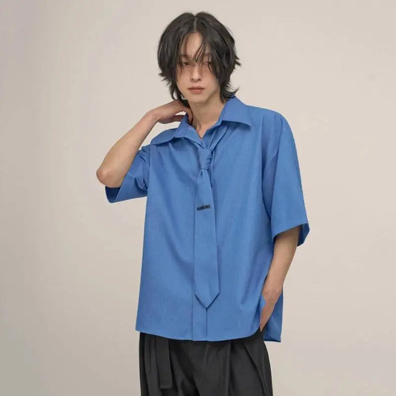 IEFB Korean Style Men's Shirts Turn-down Collar Solid Color Letter Tie Decoration Short Sleeved Single Breasted Male Tops 9W3657