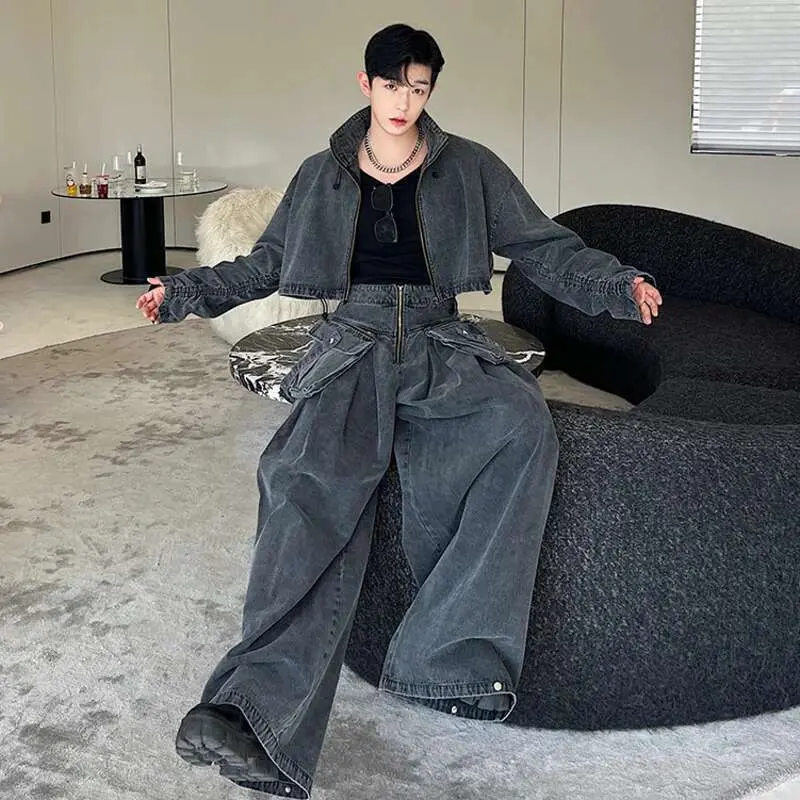 IEFB Men's Wear Personality Denim Pants Set Two-piece New Fashion Zipper Short Jacket Wide Leg Trousers Big Pocket Autumn 9C1543