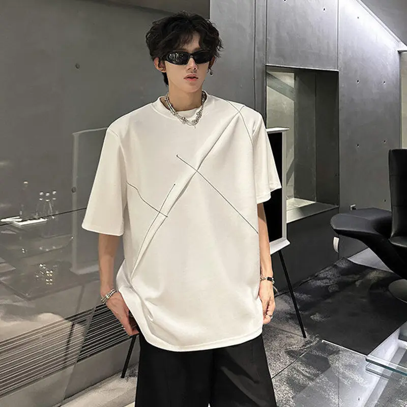 IEFB Summer Men's T-shirts Korean Style O-neck Short Sleeved Line Design Contrast Color Pullover Male Shoulder Pad Tees 9W3352