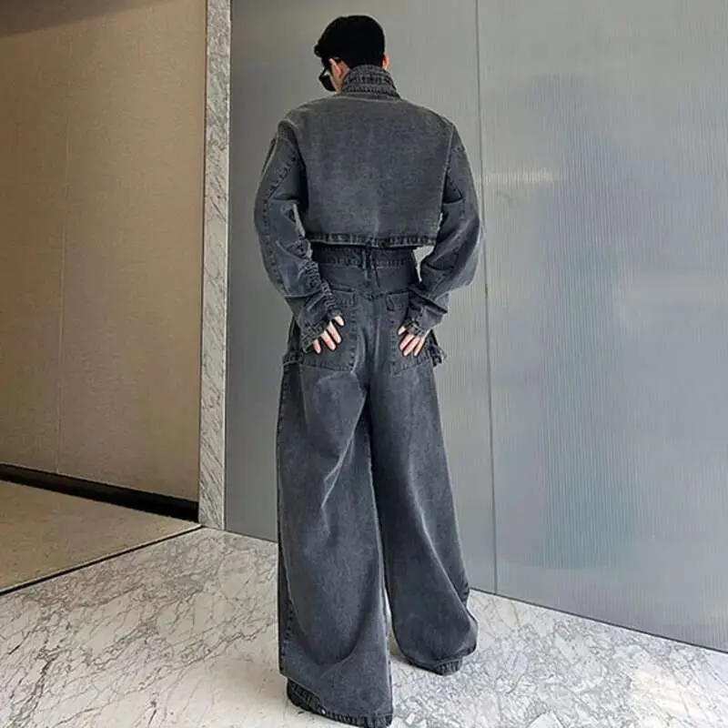 IEFB Men's Wear Personality Denim Pants Set Two-piece New Fashion Zipper Short Jacket Wide Leg Trousers Big Pocket Autumn 9C1543