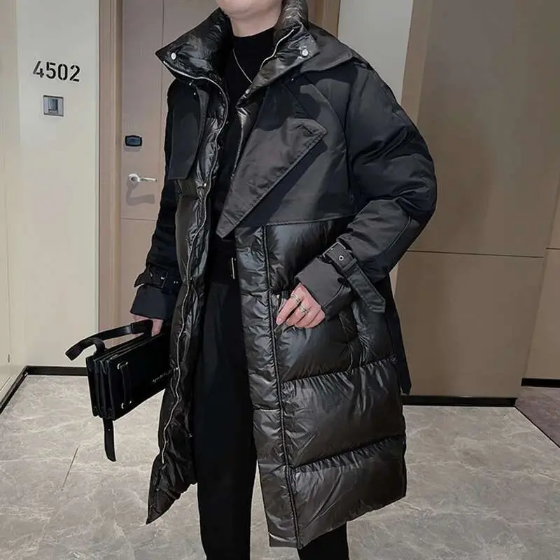 IEFB Patchwork Men's Down Jackets Stand Collar Knee Length Buckle Design Male Cotton Coats Thickened Outerwear Winter New 9C4100