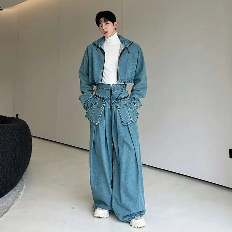 IEFB Men's Wear Personality Denim Pants Set Two-piece New Fashion Zipper Short Jacket Wide Leg Trousers Big Pocket Autumn 9C1543