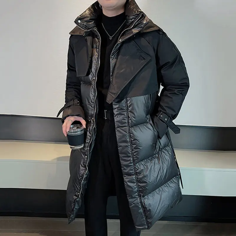 IEFB Patchwork Men's Down Jackets Stand Collar Knee Length Buckle Design Male Cotton Coats Thickened Outerwear Winter New 9C4100