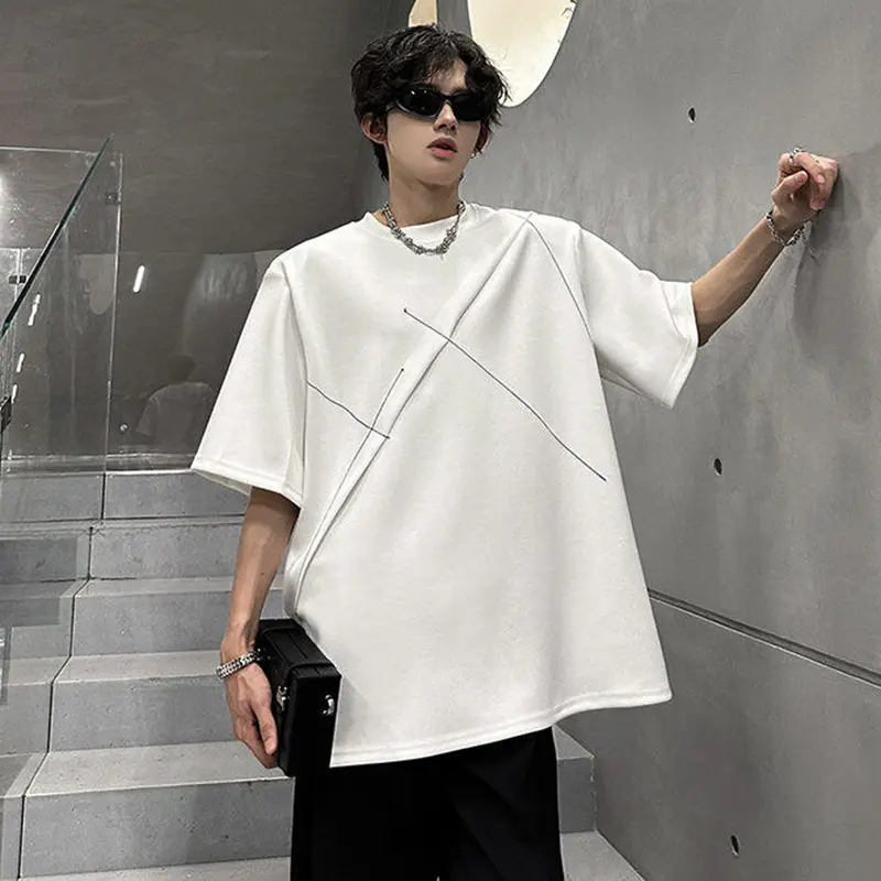 IEFB Summer Men's T-shirts Korean Style O-neck Short Sleeved Line Design Contrast Color Pullover Male Shoulder Pad Tees 9W3352