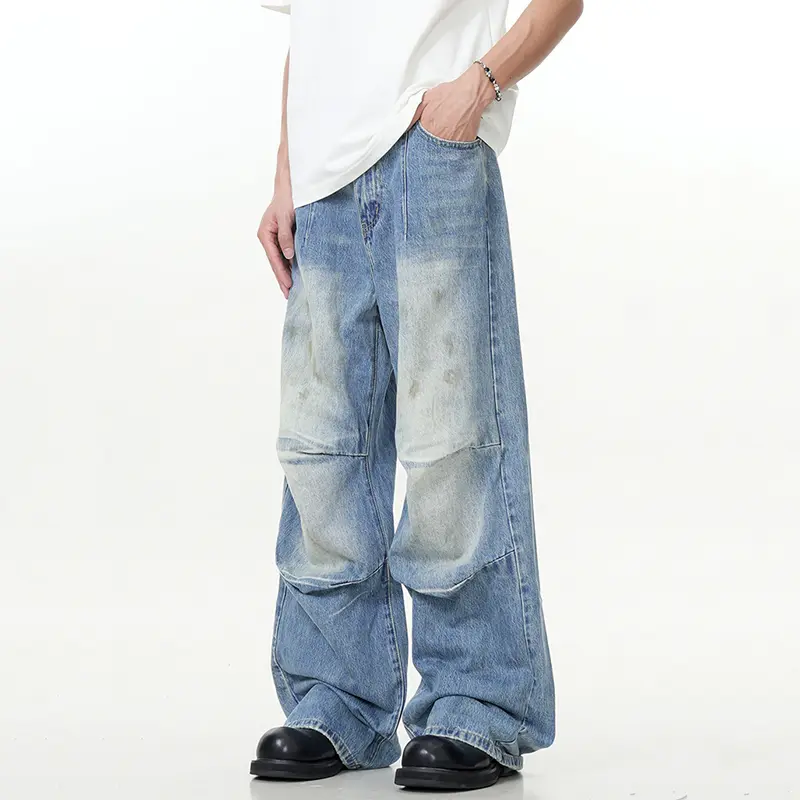 IEFB Hip Hop Male Denim Pants Streetwear Pleated Niche Design Wide Leg Jeans High Street Washed Baggy Men Clothing Summer 9W3542