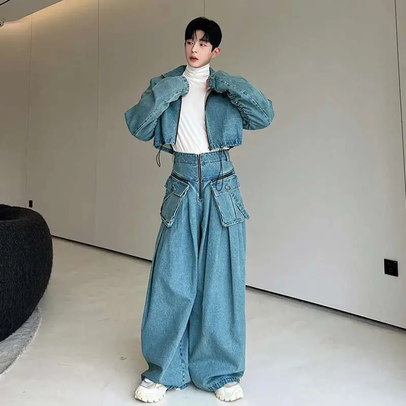 IEFB Men's Wear Personality Denim Pants Set Two-piece New Fashion Zipper Short Jacket Wide Leg Trousers Big Pocket Autumn 9C1543