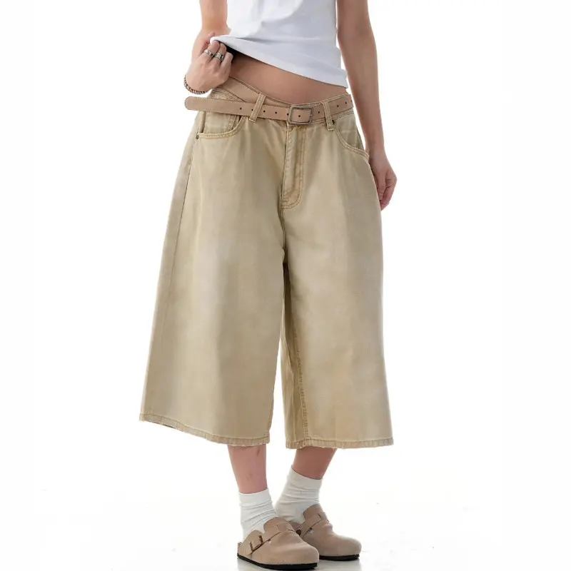 IEFB American Style Men's Denim Shorts Fit Slimming Solid Color Casual Bottom Straight Cleanfit Loose Wide Leg Male Jeans 9W2806