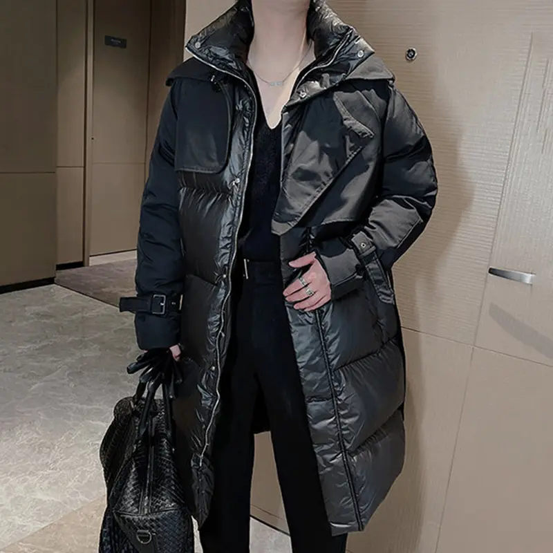 IEFB Patchwork Men's Down Jackets Stand Collar Knee Length Buckle Design Male Cotton Coats Thickened Outerwear Winter New 9C4100