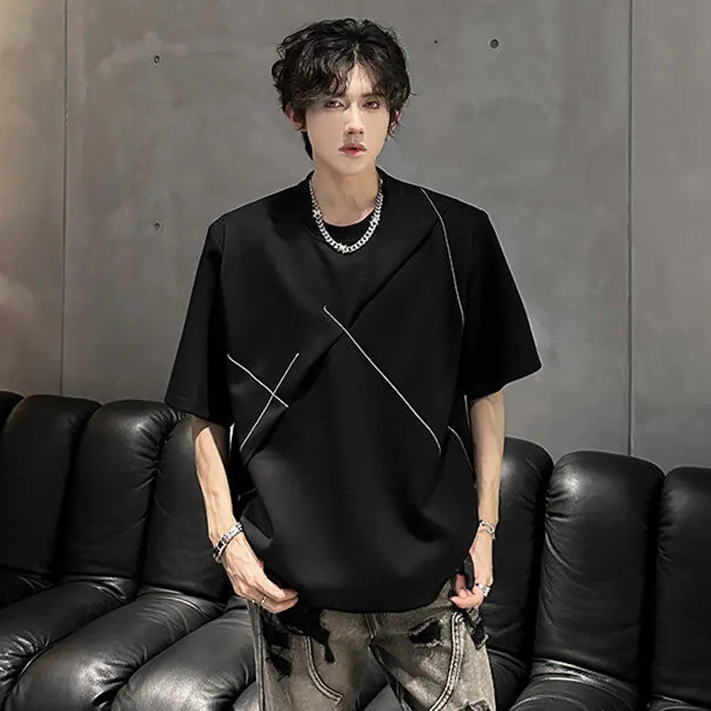 IEFB Summer Men's T-shirts Korean Style O-neck Short Sleeved Line Design Contrast Color Pullover Male Shoulder Pad Tees 9W3352