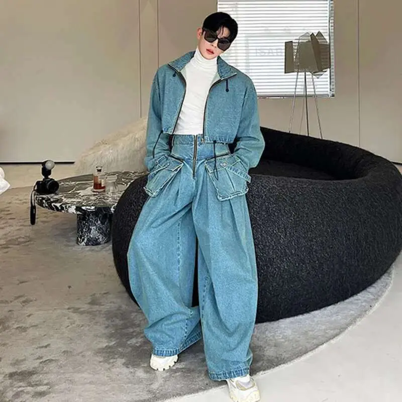 IEFB Men's Wear Personality Denim Pants Set Two-piece New Fashion Zipper Short Jacket Wide Leg Trousers Big Pocket Autumn 9C1543