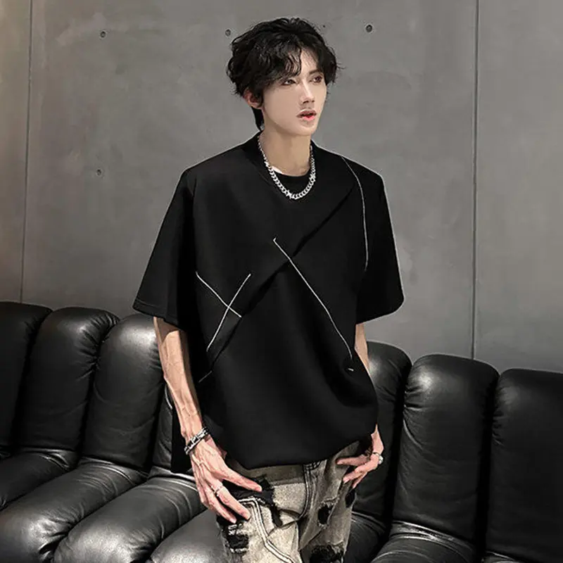 IEFB Summer Men's T-shirts Korean Style O-neck Short Sleeved Line Design Contrast Color Pullover Male Shoulder Pad Tees 9W3352