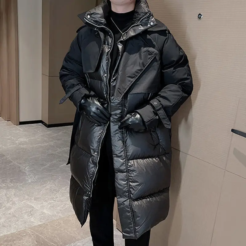 IEFB Patchwork Men's Down Jackets Stand Collar Knee Length Buckle Design Male Cotton Coats Thickened Outerwear Winter New 9C4100