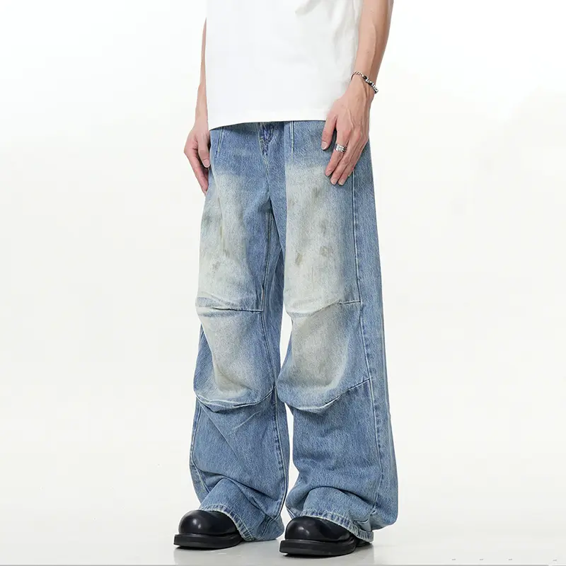 IEFB Hip Hop Male Denim Pants Streetwear Pleated Niche Design Wide Leg Jeans High Street Washed Baggy Men Clothing Summer 9W3542