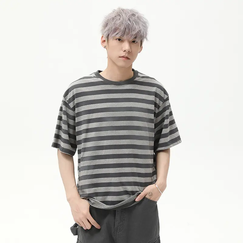 IEFB Striped Design Men's Tees O-neck Contrast Color American Loose Short Sleeve Fashion All-match Pullover Male Tees 9W2781
