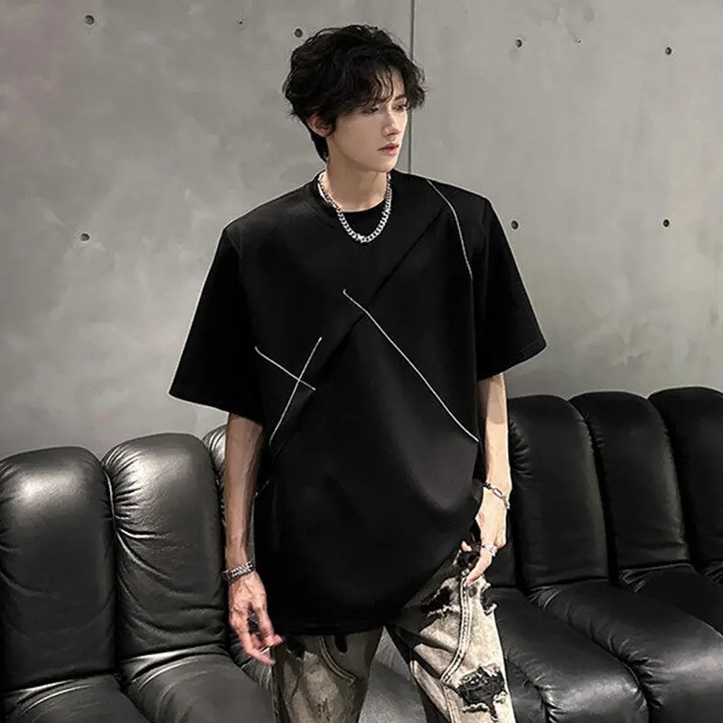 IEFB Summer Men's T-shirts Korean Style O-neck Short Sleeved Line Design Contrast Color Pullover Male Shoulder Pad Tees 9W3352