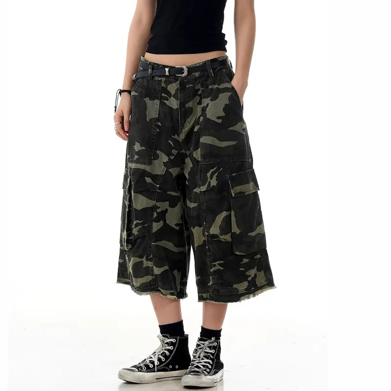 IEFB Camouflage Cropped Pants Y2k Men's Wear Summer High Waist Over Knee Length Wide Leg Trendy Jeans Sports Baggy Men 9W3060