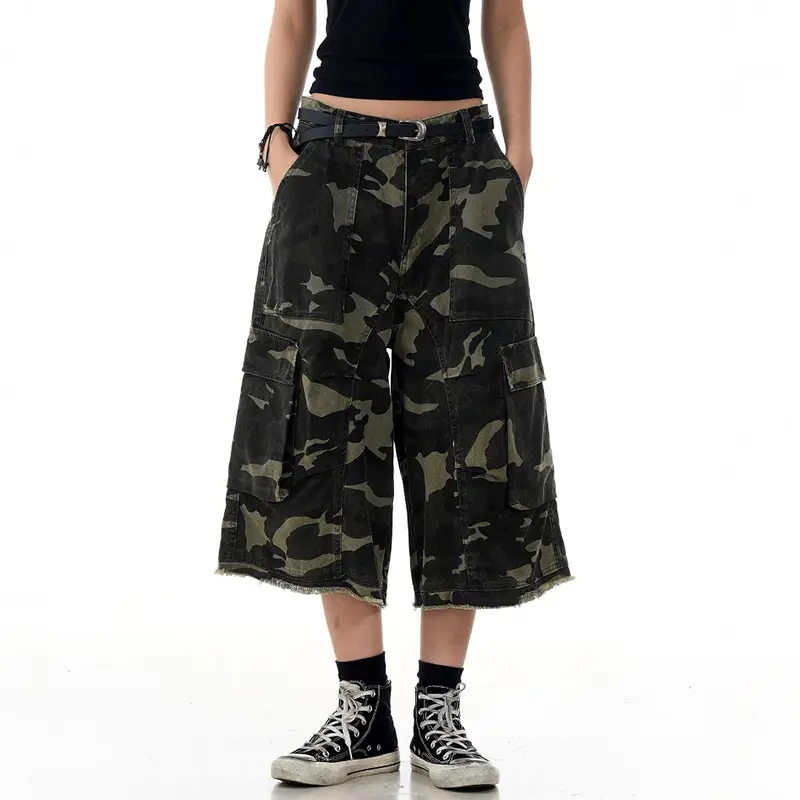 IEFB Camouflage Cropped Pants Y2k Men's Wear Summer High Waist Over Knee Length Wide Leg Trendy Jeans Sports Baggy Men 9W3060