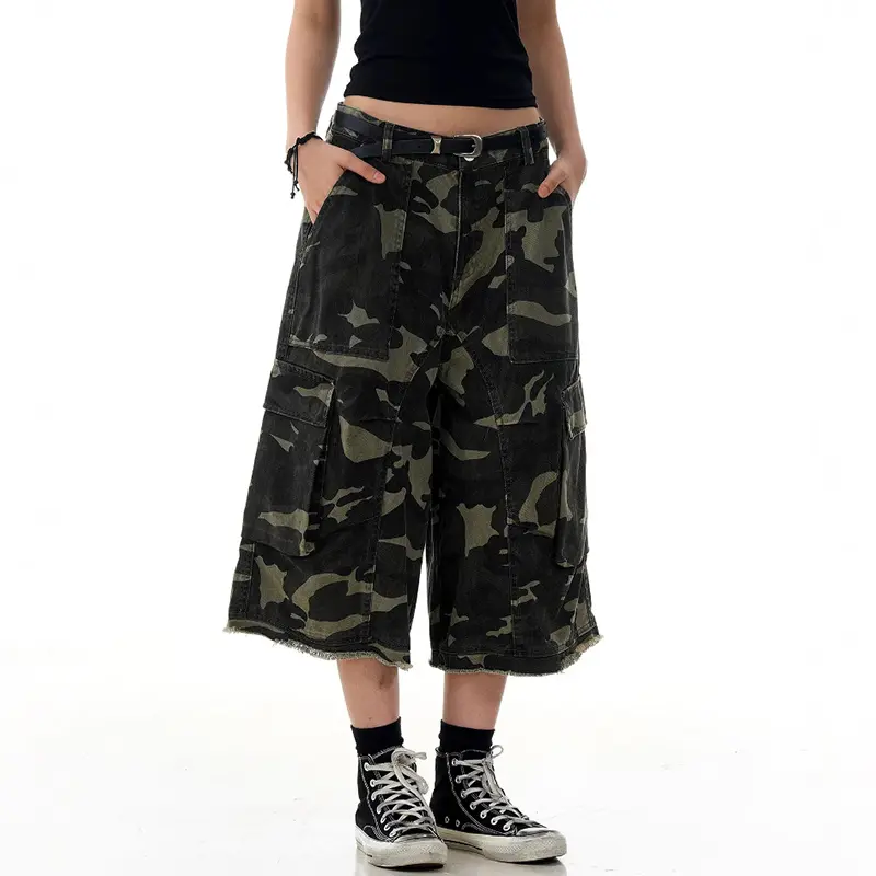 IEFB Camouflage Cropped Pants Y2k Men's Wear Summer High Waist Over Knee Length Wide Leg Trendy Jeans Sports Baggy Men 9W3060