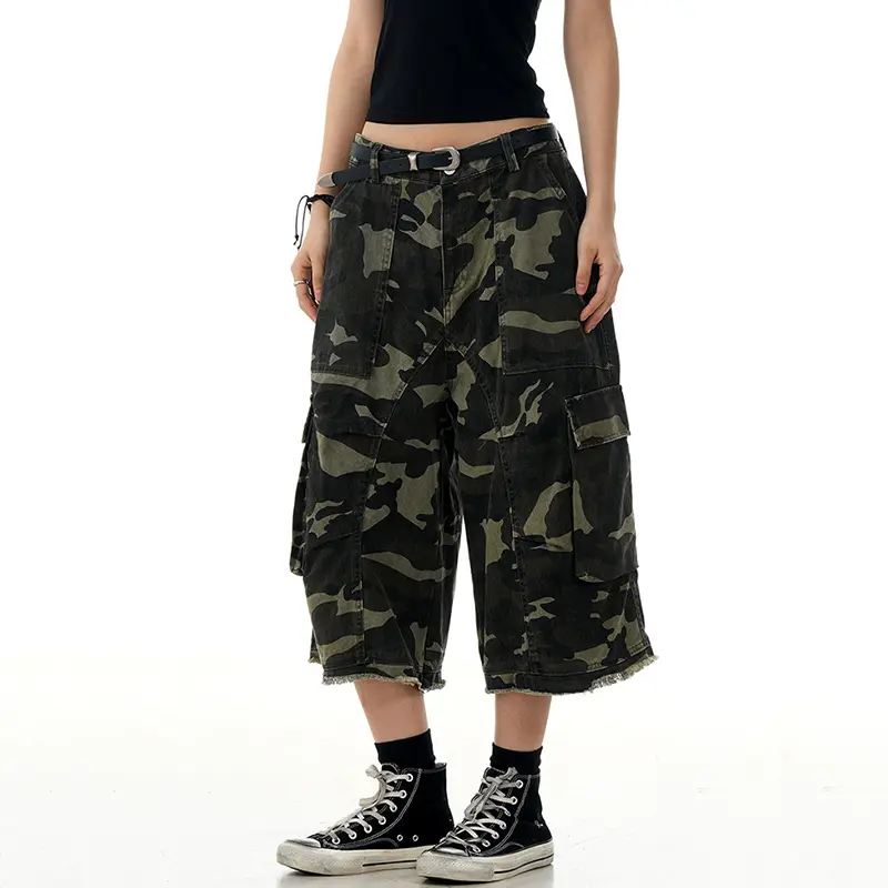 IEFB Camouflage Cropped Pants Y2k Men's Wear Summer High Waist Over Knee Length Wide Leg Trendy Jeans Sports Baggy Men 9W3060