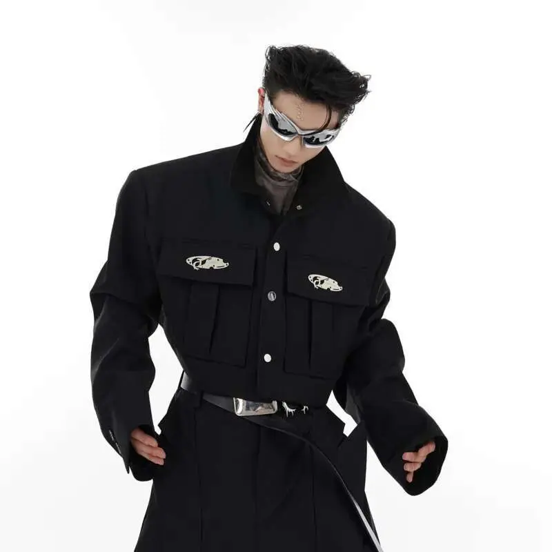 IEFB Men's Set Fashion Loose Two Pieces Set Niche Large Pocket Stitching Shoulder Pad Suit Jacket Wide Leg Pants Autumn 9C2561