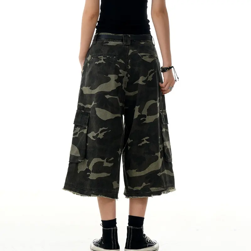 IEFB Camouflage Cropped Pants Y2k Men's Wear Summer High Waist Over Knee Length Wide Leg Trendy Jeans Sports Baggy Men 9W3060