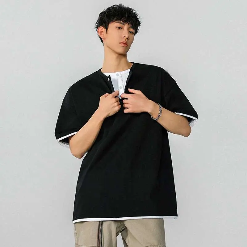 IEFB Fake Two-piece Men's T-shirt Summer New Trendy Solid Color Tees Half Sleeves Round-collar Loose Male T-shirts 2025 9W1295