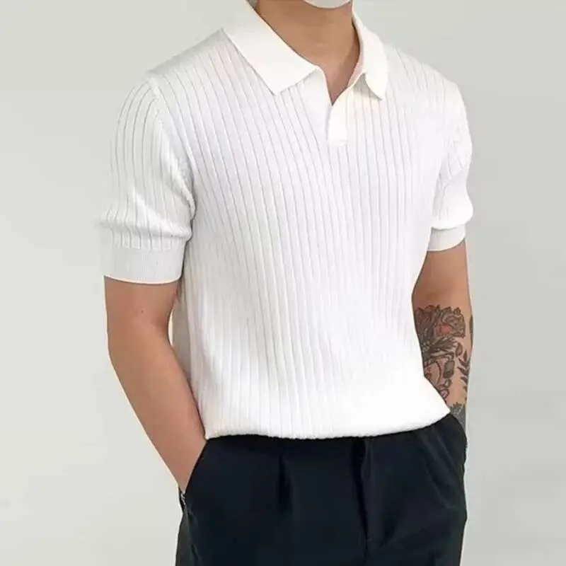 IEFB Business Casual Men's T-shirt Knitting Pullover Top Short Sleeve Korean Style Lapel Slim Fit Knitwear Men Wear Summer 9W536