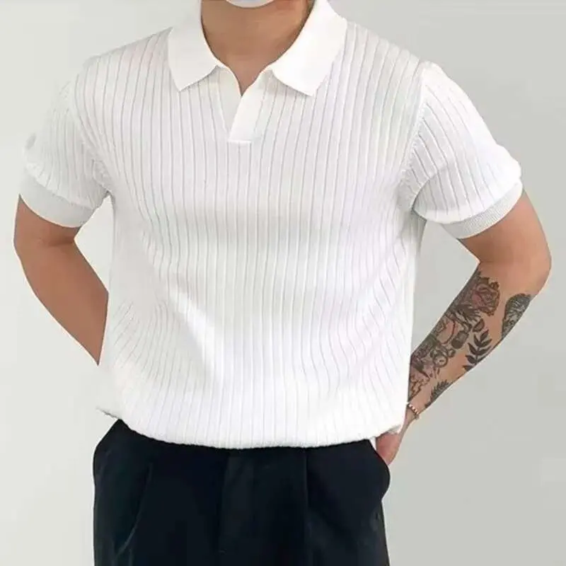 IEFB Business Casual Men's T-shirt Knitting Pullover Top Short Sleeve Korean Style Lapel Slim Fit Knitwear Men Wear Summer 9W536