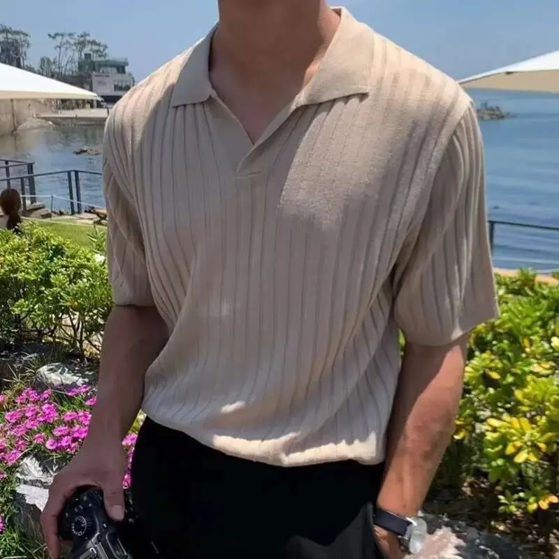 IEFB Business Casual Men's T-shirt Knitting Pullover Top Short Sleeve Korean Style Lapel Slim Fit Knitwear Men Wear Summer 9W536