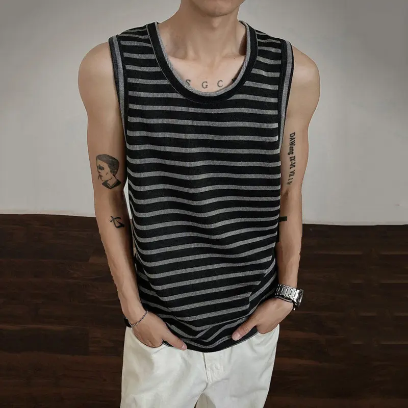 IEFB Niche Design Men's Tank Tops Round Collar Striped Contrast Color T-shirts Sleeveless Pullover Casual Male Vests Tide 9W3030