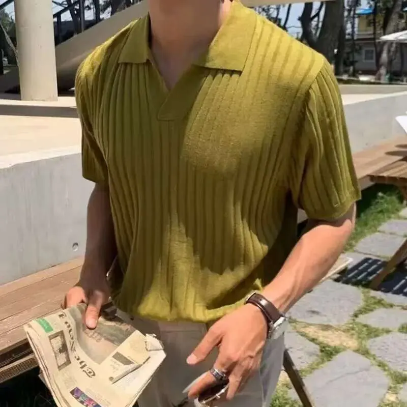 IEFB Business Casual Men's T-shirt Knitting Pullover Top Short Sleeve Korean Style Lapel Slim Fit Knitwear Men Wear Summer 9W536