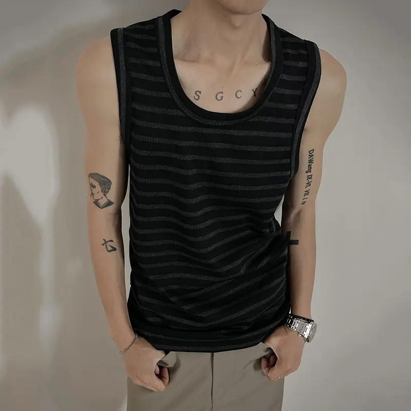 IEFB Niche Design Men's Tank Tops Round Collar Striped Contrast Color T-shirts Sleeveless Pullover Casual Male Vests Tide 9W3030