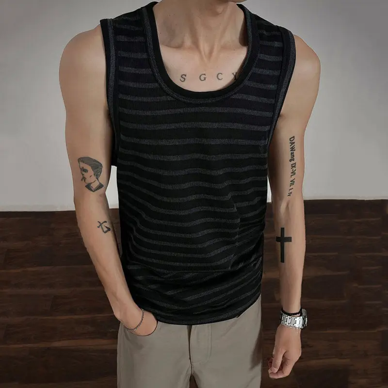 IEFB Niche Design Men's Tank Tops Round Collar Striped Contrast Color T-shirts Sleeveless Pullover Casual Male Vests Tide 9W3030