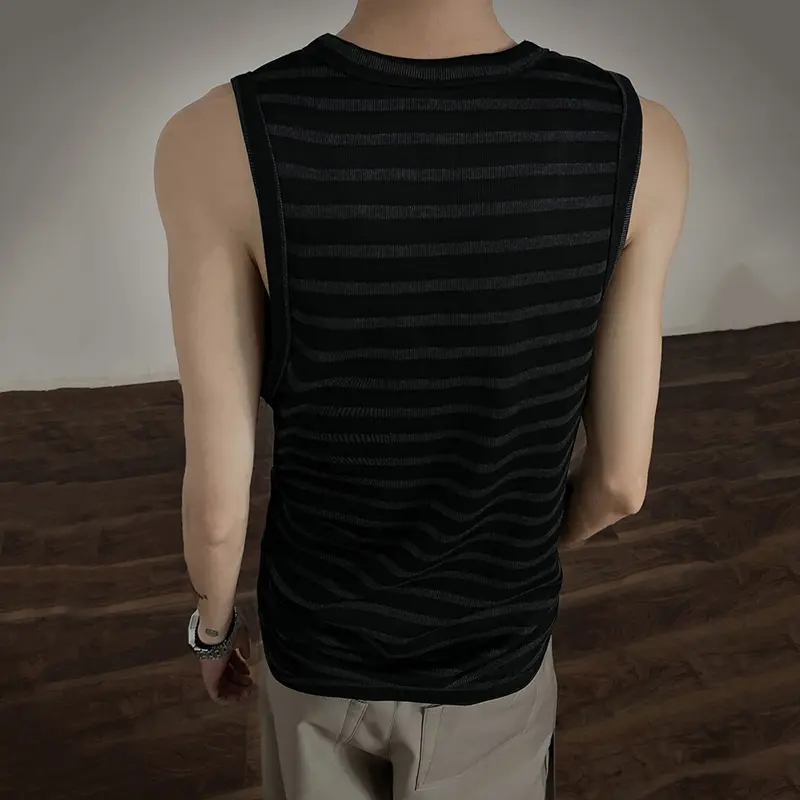 IEFB Niche Design Men's Tank Tops Round Collar Striped Contrast Color T-shirts Sleeveless Pullover Casual Male Vests Tide 9W3030