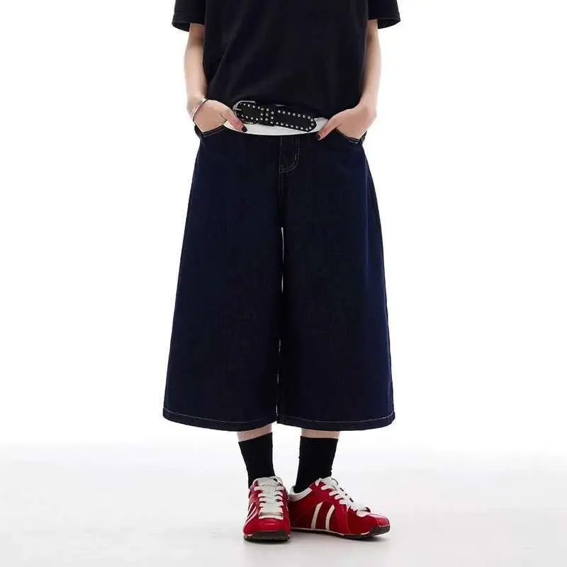 IEFB Men's Jorts New American Loose Wide Leg High Street Solid Color Straight Trendy Male Casual Denim Shorts Summer 9W2200