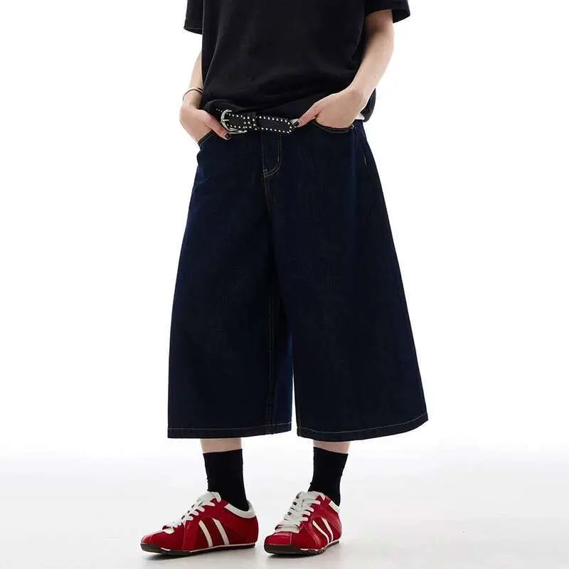 IEFB Men's Jorts New American Loose Wide Leg High Street Solid Color Straight Trendy Male Casual Denim Shorts Summer 9W2200