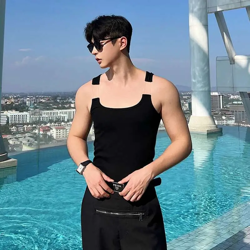 IEFB 2025 New Fashion Male Vest Patchwork Personality Sleeveless Top Men's Solid Color Slim T-shirt Spring Trendy 9A8204