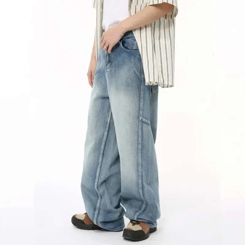 IEFB American Style Men' Denim Pants Casual Multi-level Patchwork Straight Buttom Loose Wide Leg Male Jeans New Chic 9C6432
