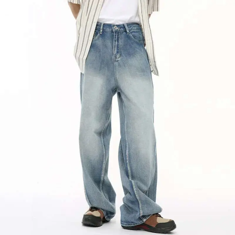 IEFB American Style Men' Denim Pants Casual Multi-level Patchwork Straight Buttom Loose Wide Leg Male Jeans New Chic 9C6432
