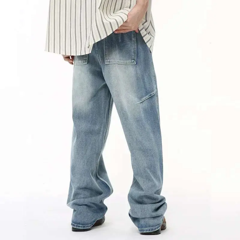 IEFB American Style Men' Denim Pants Casual Multi-level Patchwork Straight Buttom Loose Wide Leg Male Jeans New Chic 9C6432